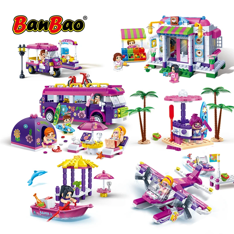 BanBao City street Girls Coffee house Coast Villa Seaside Beach Holiday Building Blocks Models Toys Bricks Children Friend Gifts