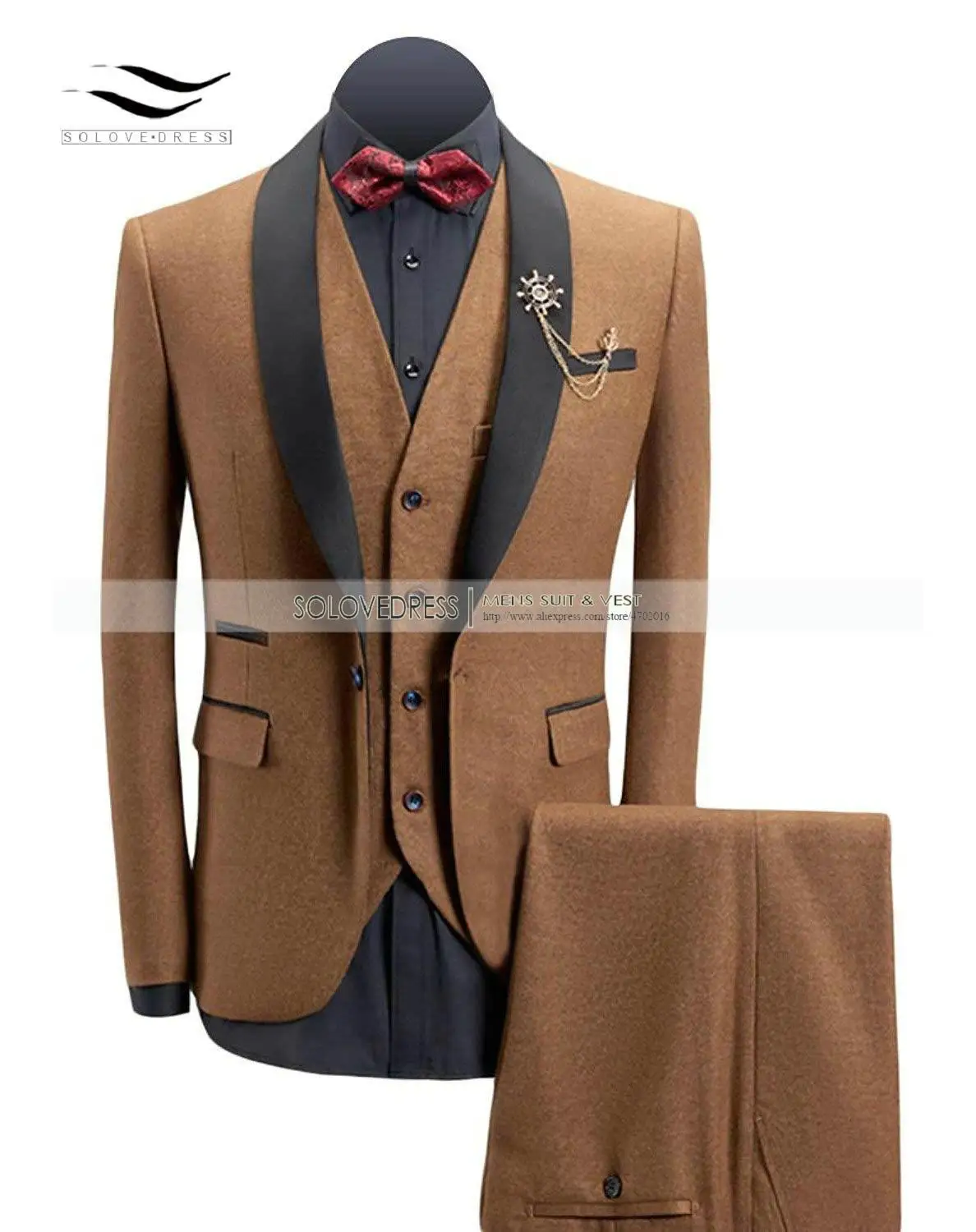 Solovedress, мужской костюм, темно-синий, Деловой, смесь шерсти, твид, сшитый по индивидуальному заказу, 3 предмета, смокинги для выпускного, свадебные, для жениха, однобортный, на заказ, M3 - Цвет: Brown