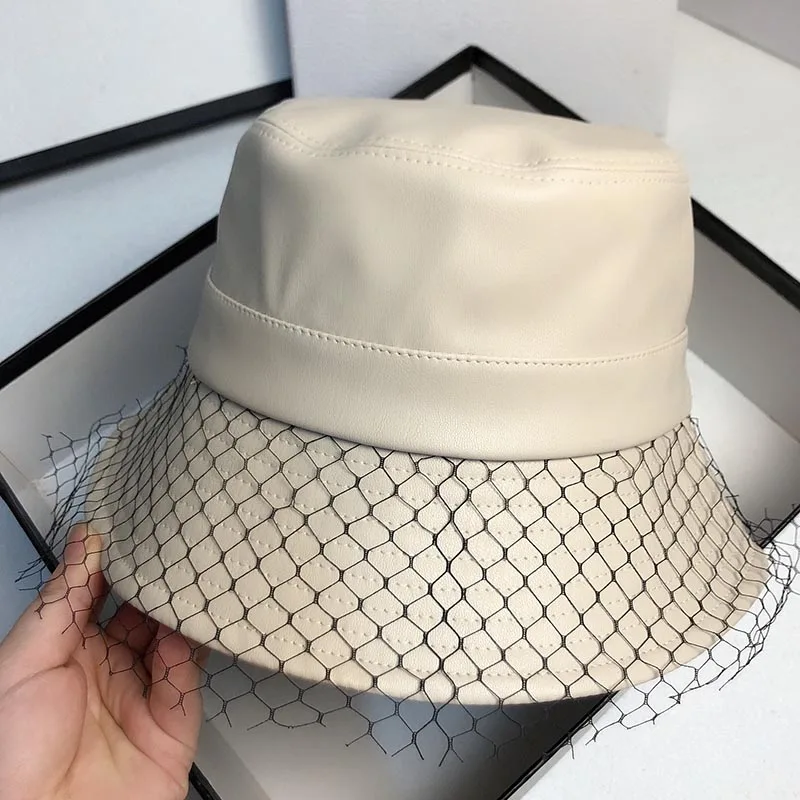 MAXSITI U NEW Spring Fall Veil Net PU Leather Bucket Hat Women's Fashion Casual Pure Color Fisherman's Basin Cap
