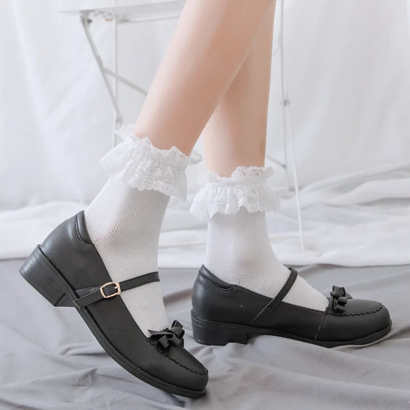 Women Lace Mesh Black White Cotton Socks Lolita Style Japanese Maiden Lovely Short Socks Harajuku Frilly Ruffle Princess Socks