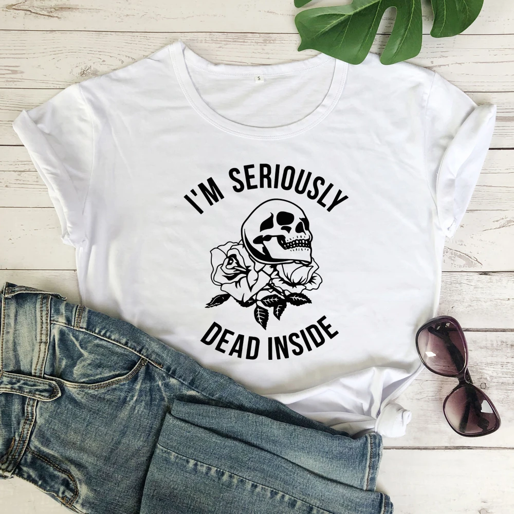 Футболка с принтом «I'M Dead Inside Skull»; Летняя Повседневная футболка с короткими рукавами и принтом в виде черепа; стильная футболка в стиле Харадзюку С гранж; модные топы; Camisetas - Цвет: white-black text