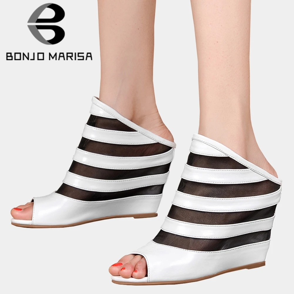 

BONJOMARISA 2020 New Ladies Summer Fashion Genuine Leather Sandals Breathable Gladiator Sandals Women High Wedges Shoes Woman