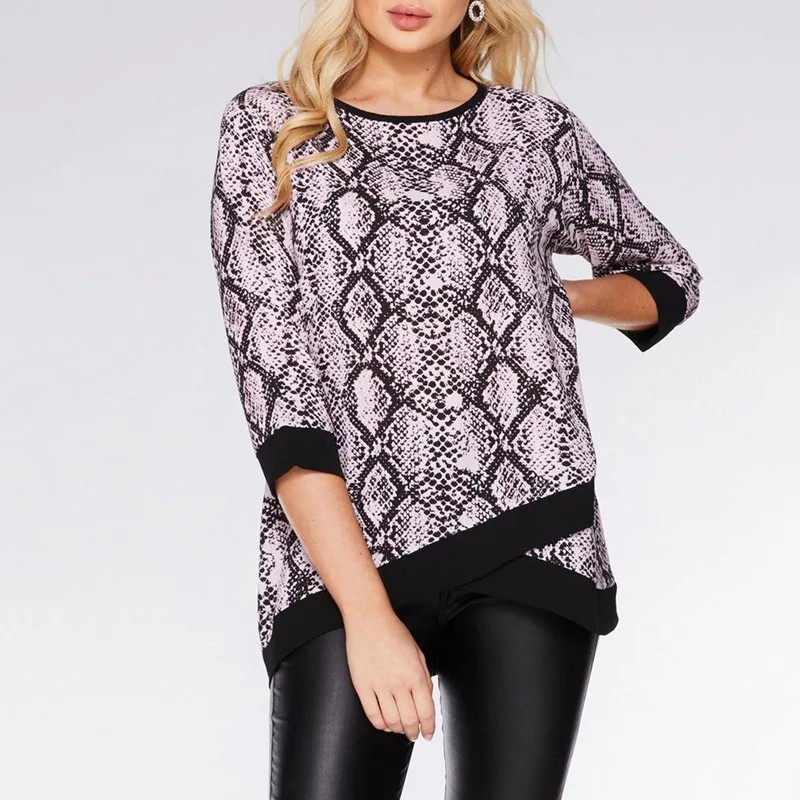 

2020 Spring Leopard Print Blouse Round Neck 3/4 Sleeve Irregular Hem Lady Top Womens Clothing Blusa Manga Comprida Rz*