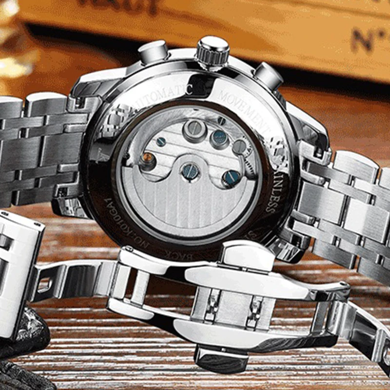 IK Colouring Watches for Men Mechanical Wristwatches Automatic Leather Skeleton Watch Strap Waterproof Calendar Clock