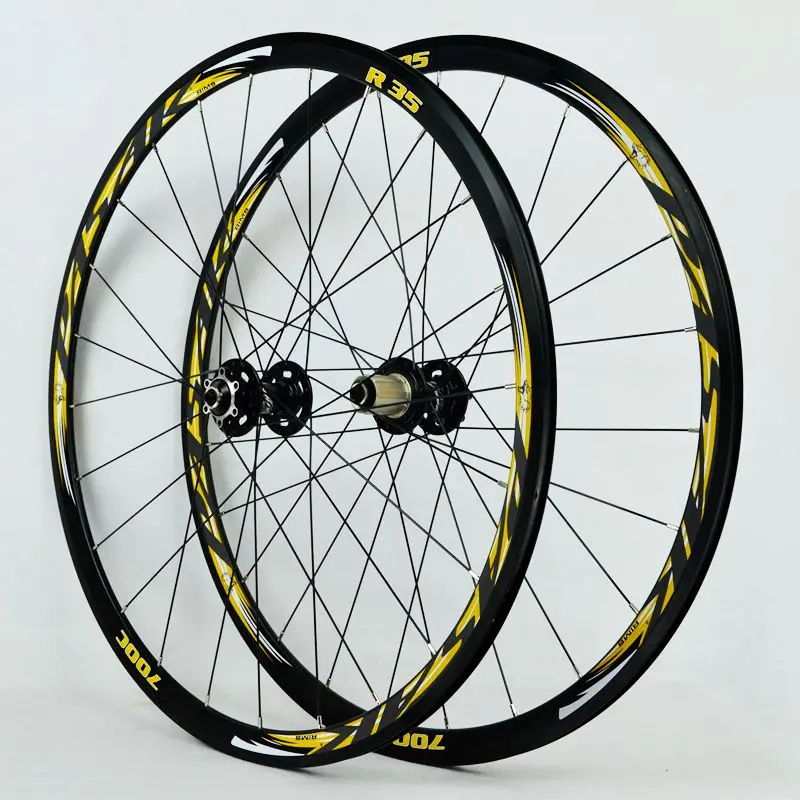 r35 black hub golden 700C дисковый тормоз шоссейные колеса дорожный велосипед дисковый тормоз шоссейный велосипед V/C brak 30 мм сплав обод 700C/29 дюймов беговые шоссейные велосипеды. Колеса - Цвет: r35 black hub golden