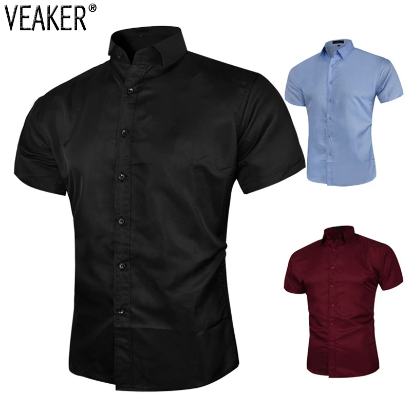 2021 New Men's Casual Solid Color Shirts Male Slim Fit Short Sleeve T Shirt Black White Summer Business Shirt Tops Size M-5XL