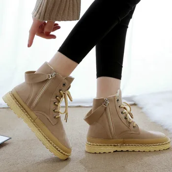 

New Winter Women Ankle Snow Boot Fur flat heel Warm Plush Rubber Platform Lace Up brown beige Ladies Shoes Botas Mujer