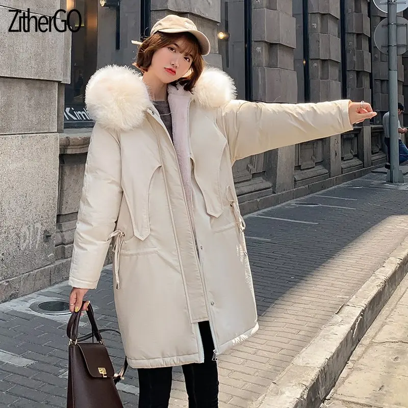 Beige ZitherGo/ зимняя куртка, Толстая Женская парка с капюшоном и меховым воротником, Женская Длинная свободная верхняя одежда, Женская модная куртка - Цвет: Beige