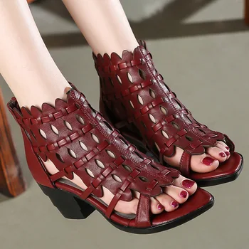 

ZIMNAFR 2020 Woman Sandals Genuine Leather Retro Hand-woven Chunky-Heel Soft-Sole Women Gladiator Sandals Mom Shoes