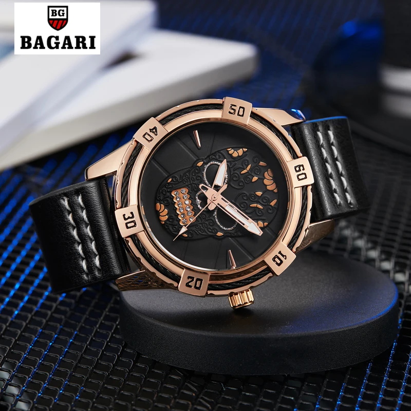 

BAGARI quartz Watches Brand Luxury Leather Strap Waterproof Sport Quartz Creative Design Dial Military Watch Men Relogio Masculi