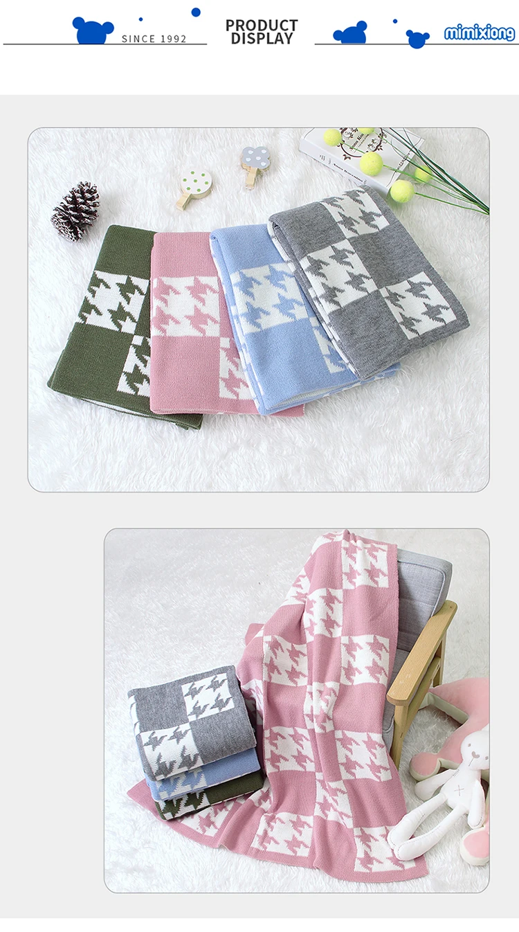 Cobertor de bebê Houndstooth Knit, cama xadrez,