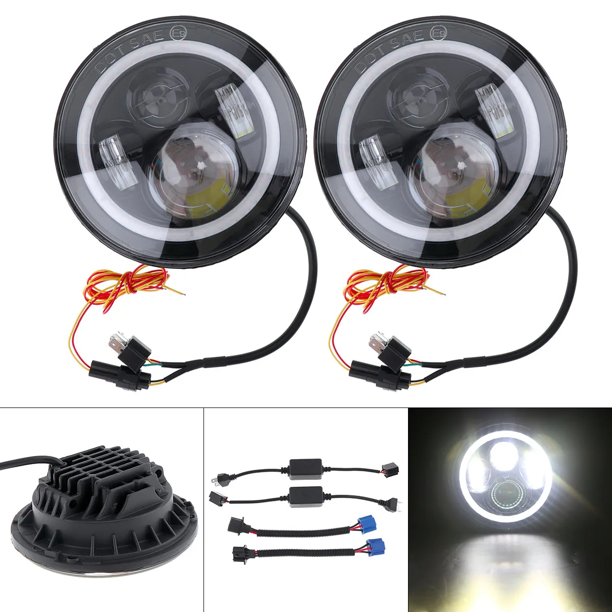 

2pcs 7 Inch 58W 3600LM Round LED Car Headlight Headlamp Modified HeadLamp with White Halo Ring Angle Eye for Jeep / SUV