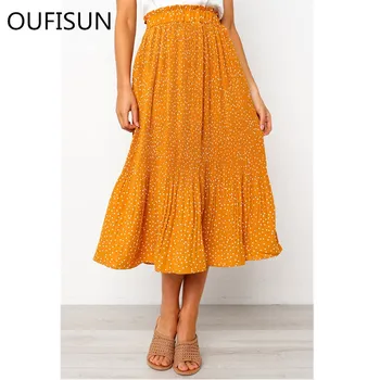

2020 Vintage Polka Dot Print Pleated Skirts Women Summer Sping Midi Bohemian Elegant High Waist A-line Sun Skirt Female