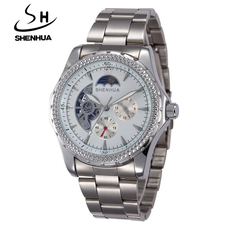 a9585steelwhite Брендовые часы SHENHUA мужские водонепроницаемые часы Tourbillon механические часы мужские Moon фазный автоматический самоветер хронограф часы - Цвет: a9585steelwhite