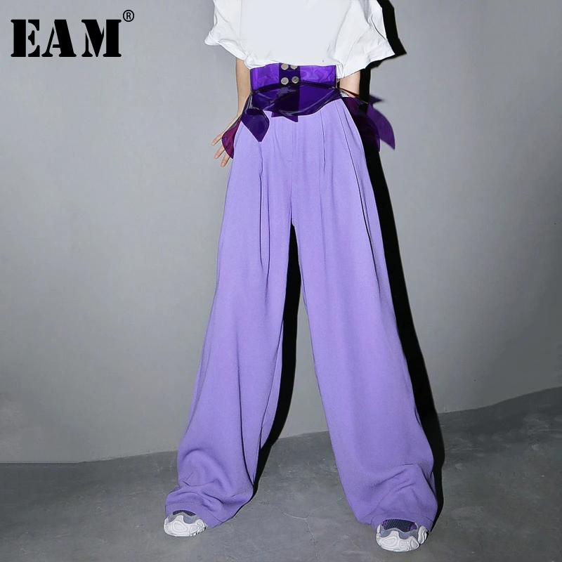 

[EAM] High Elastic Waist Purple Chiffon Long Wide Leg Trousers New Loose Fit Pants Women Fashion Tide Spring Autumn 2020 1S618