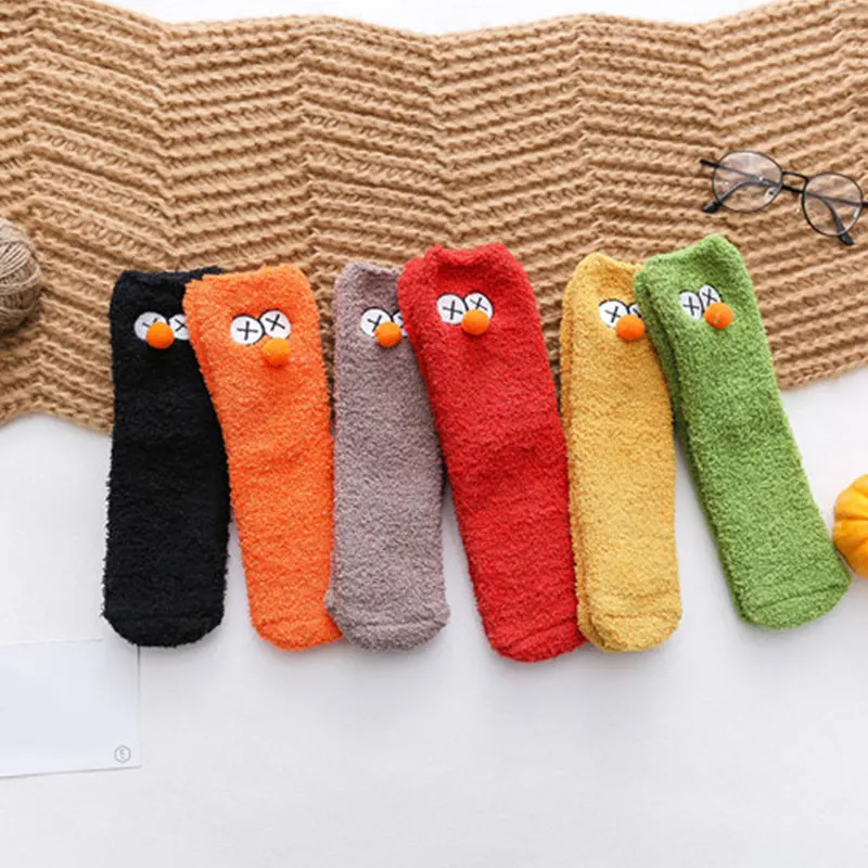 Милые забавные детские носки из кораллового флиса в стиле Харадзюку для девочек; толстые носки без пятки средней длины; 1 пара