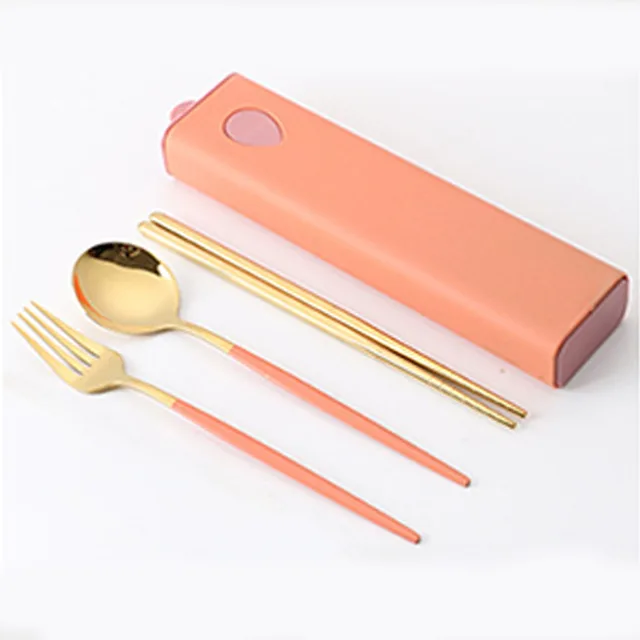 3PCs/4PCs Glossy Stainless Steel Tableware Spoon Fork Knife Straw Reusable Travel Cutlery Set Camp Utensils Set Portable Case D-Hot Pink
