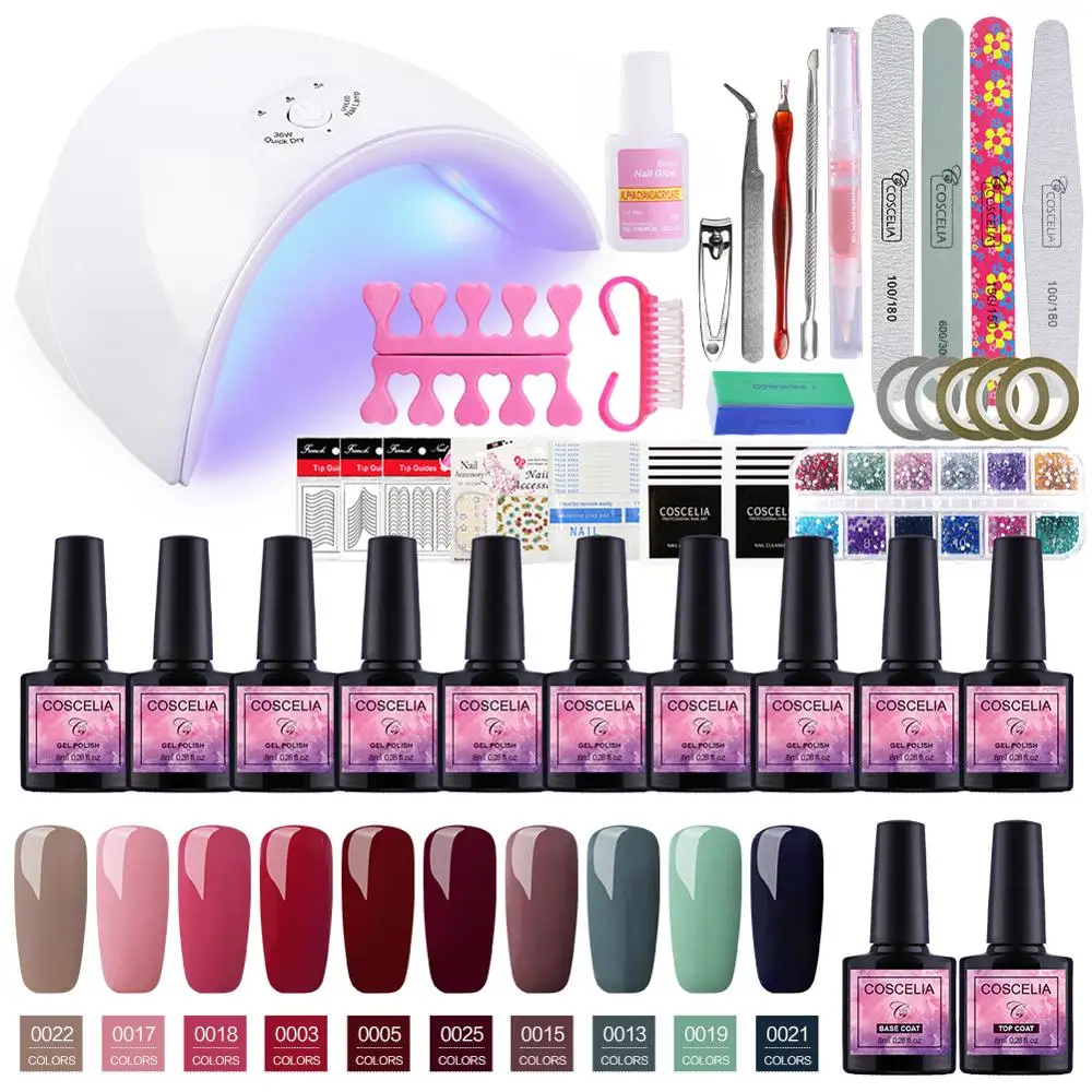 Comprar COSCELIA 10 Uds conjunto de esmaltes de uñas de Gel 36 24W lámpara Juego de Herramientas para la manicura para manicura Set para Gel barniz empujador acrílico uñas Kit
