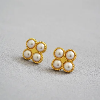 

CMajor Fashion Brass Jewelry Delicate Creative Temperament Clover Inlaid Pearl 925 Silver Needle Stud Earrings for Women
