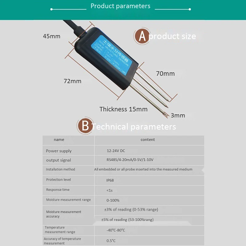 

Soil Moisture Sensor Humidity Temperature Electrical Conductivity Tester Meter RS485 Output Soil Moisture Meter Humidity Meter