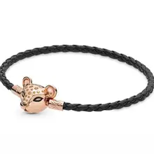 925 пробы серебряный браслет из черной кожи с застежкой в виде Розы львицы браслет подходит для шарма из бисера Diy модное ювелирное изделие