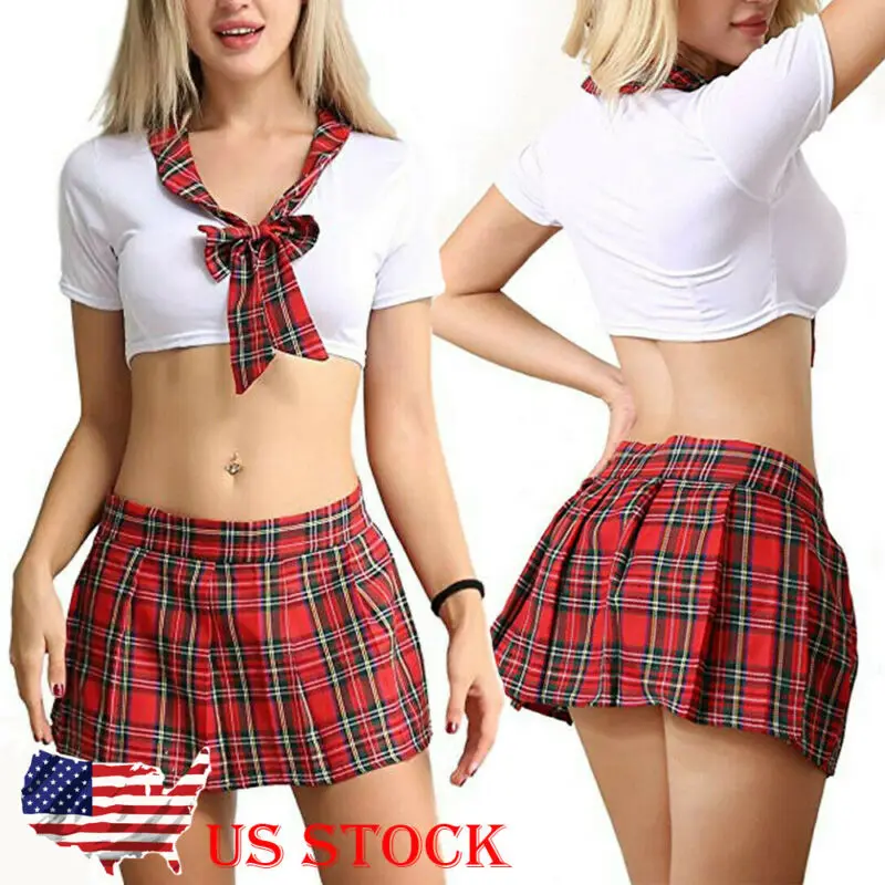 Fancy Costumes 2Pcs Sexy Women's Red Plaid School Girl Uniform Lingerie Student Cosplay Outfits No Stocking