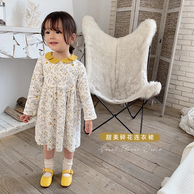 

2019 autumn new baby girls hit color floral dress children cute doll collar long sleeve dress kids clothing