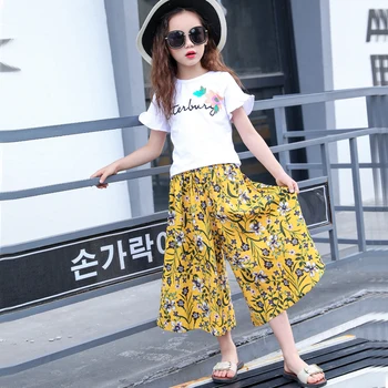 

Girls Summer Suits Middle Large Children Short Wide-leg Pants Casual 2-piece Clothes Robe Ensembles Casual Kids Cospaly Dresses