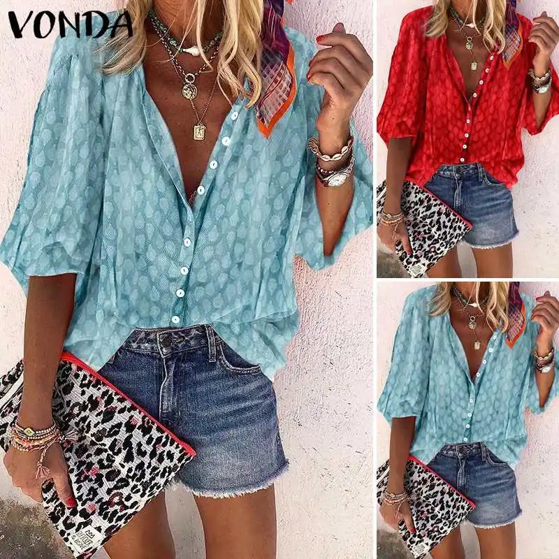VONDA, женская летняя блузка, Ретро стиль, рукав 3/4, с принтом, топы, повседневные, свободные, на пуговицах, рубашки, Пляжная туника, женская блуза размера плюс