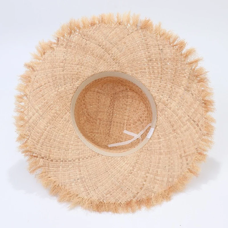100% Handmade Natural Raffia Hats Women Flat Top Wide Brim Straw Hat Beach Hat Lady  Holiday Panama Sun Protection Sun Hat 5
