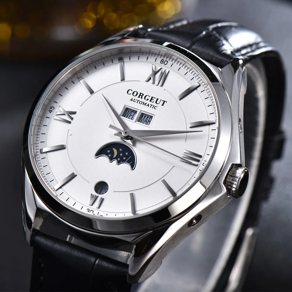 Corgeut 41mm Automatic Movement Men Watch Luxury Brand Moon Phase Date Month Waterproof Leather Str