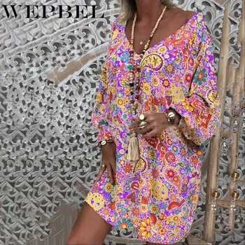 

WEPBEL Ethnic Dress Style Long Sleeve V-Neck Loose Printed Bohemian Beach Vacation High Waist Summer Leisure