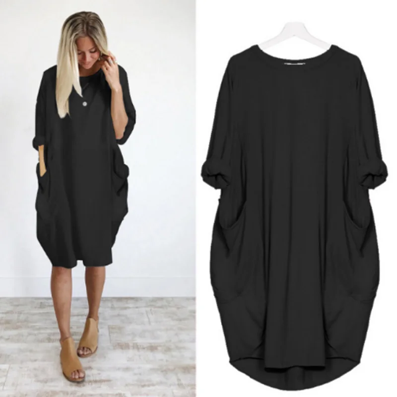  Hot Autumn Women Loose dresses with Pocket Dress Ladies Crew Neck Casual Long girl Tops Dress femal