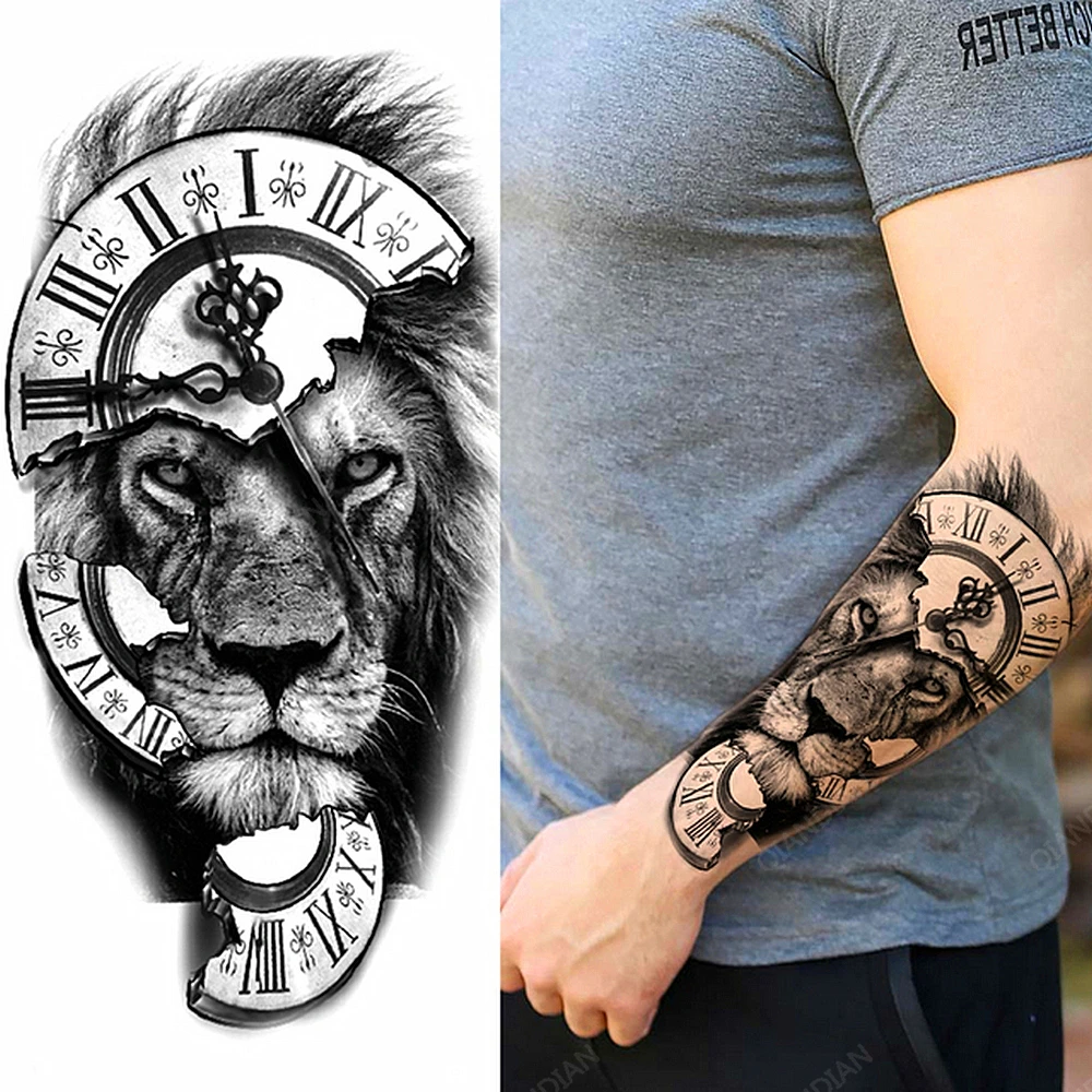 Tatuajes Temporales impermeables de León para hombres, pegatinas falsas  para brazo y mano, arte fresco, reloj de transferencia negro, 1 unidad -  AliExpress