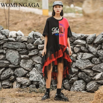 

Loose Plus Size Patchwork Mesh Letter Print Dress Women Clothes 2020 Summer New Fashion Pullover Short Sleeve Dress DMY4129