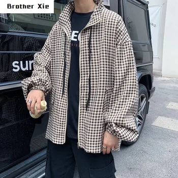

Autumn New Plaid Jacket Men Fashion Retro Casual Stand Collar Jacket Man Streetwear Hip Hop Loose Bomber Jacket Male Clothes