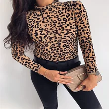 2021 T-shirt New y2k Women Round Neck Long-sleeved Sweater Sexy Leopard Print Top European and American Style футболка оверсайз