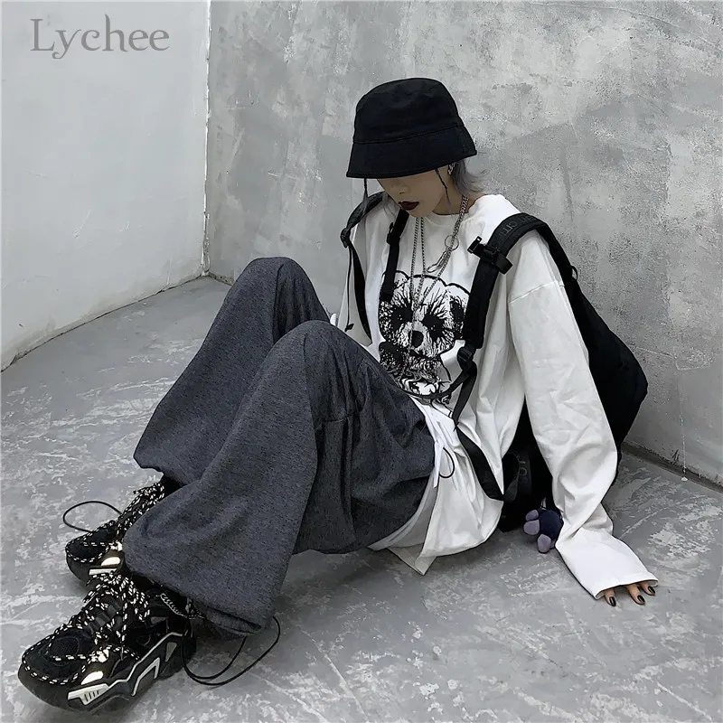 Lychee, Harajuku, одноцветные, с рюшами, женские флисовые штаны, с карманами, свободные, с эластичной талией, женские штаны для бега, весна, осень, зима, женские штаны