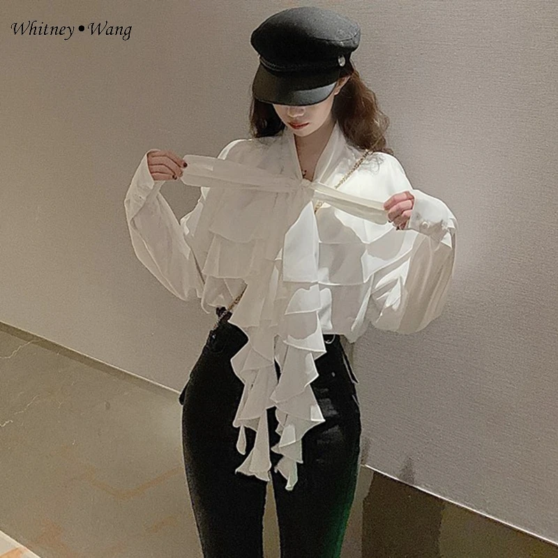 WHITNEY WANG, блузки,, Весенняя мода, уличная одежда, оборки, бант, многослойная блузка для женщин, Blusas, женская рубашка, Топ
