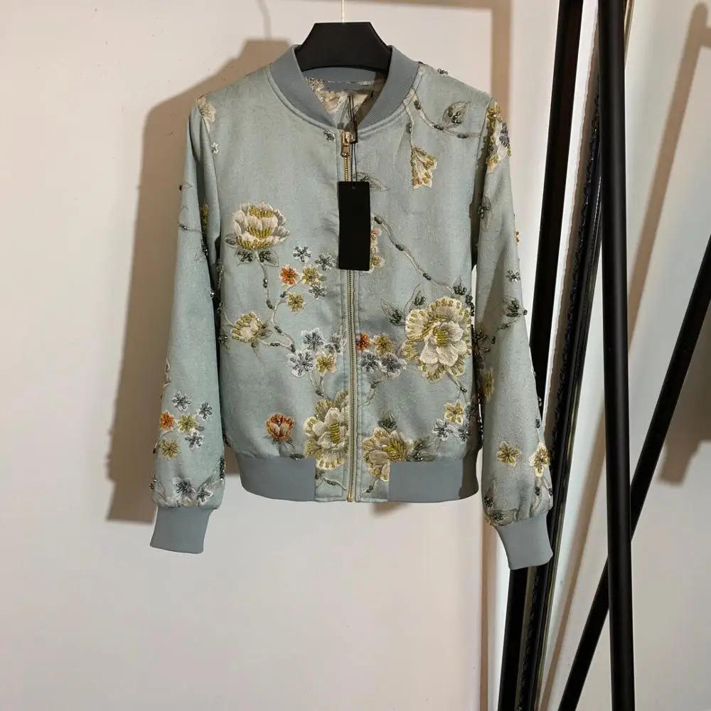 

2019 High Quality Plus Size XL Casual Clothes Embroidery Green Diamonds Loose Bomber Fashion Baseball Jacket Women