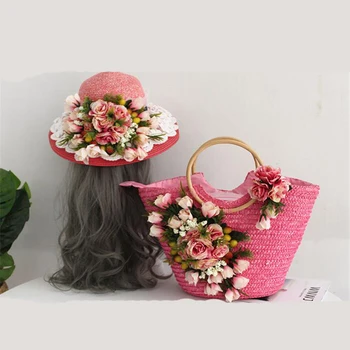 

Senior hand-woven straw bag ladies female ring wooden handle large capacity seaside vacation beach bag hollow out flower handbag