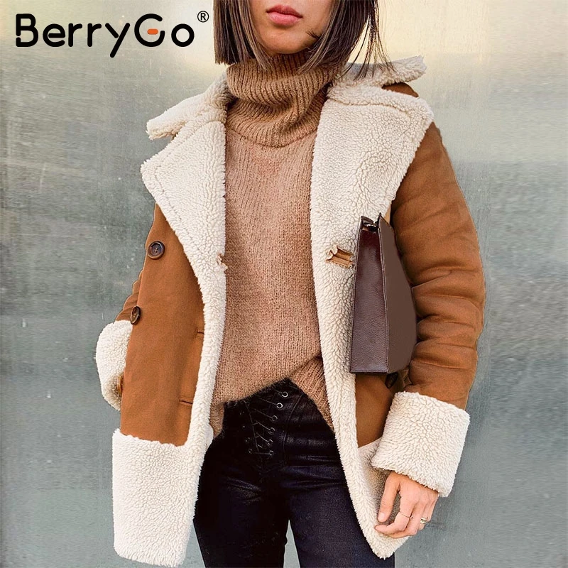 BerryGo винтажное замшевое гранж меховое пальто для женщин осень зима пуговицы карманы Женское пальто уличная Дамская мода куртки