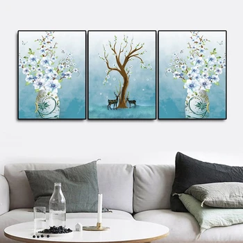 

3 Pieces Nordic Elk Flowers Wall Art Canvas Poster Minimalist Print Painting Scandinavian Decoration Pictures Living Room Decor