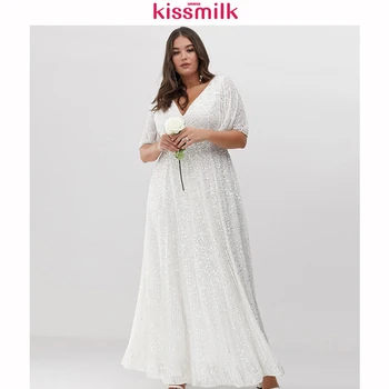 

Kissmilk Summer Leisure Wind Large Size Classic Tailored White V-neck Sequin Long Dresses Plus Bohemian Women Light Formal Dress