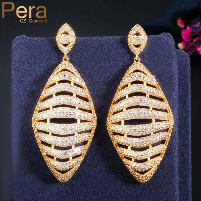 

Pera Classic High Quality Cubic Zirconia Luxury Dubai Gold Hollow Dangle Earrings for Women Party Gift Pendientes Mujer ER394