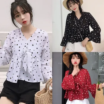 

Women's Sweet Dot Print V-Neck Casual Loose Long Flare Sleeve Lace Up Chiffon Blouse