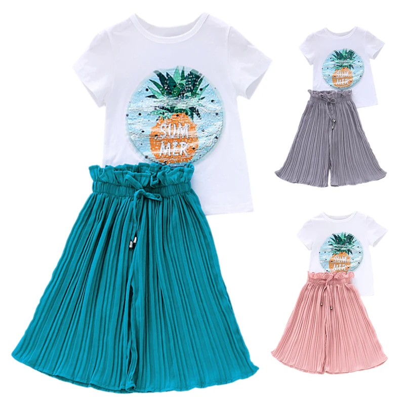 Summer Girl Outfits Short Sleeve Sequins Pineapple Blouse T-shirt+Loose Pants Casual Costume Set New | Детская одежда и обувь