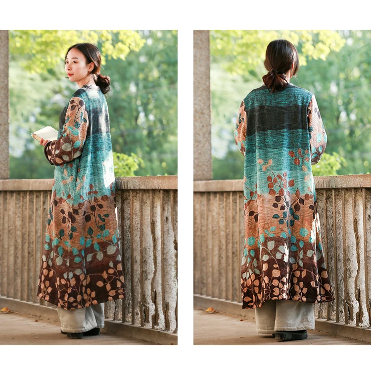 LZJN Women's Ethnic Winter Dress Vintage Chinese Style Soft Fleece Lined Warm Thicken Printed Maxi Coat Pullover with Pockets  (18)