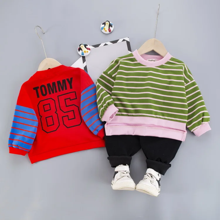 

Children New Style Set BOY'S Girls Spring And Autumn Fashion Stripes round Neck Sweater Sports Casual Long Sleeve Trousers