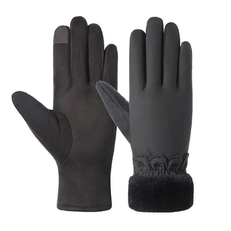CUHAKCI женские рукавицы замшевые перчатки для сенсорного экрана зимние женские двойные толстые плюшевые Наручные Теплые кашемировые перчатки для вождения - Цвет: N903 Black G153